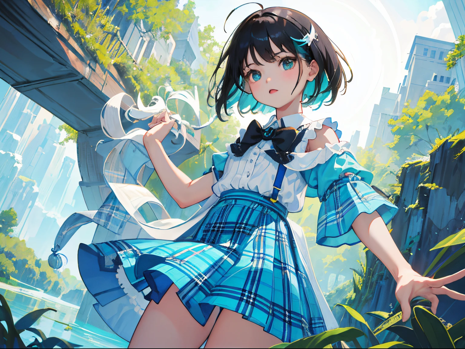 (child),(masterpiece,Highest Quality),(turquoise plaid skirt),White short-sleeved blouse,A dark-haired,lake