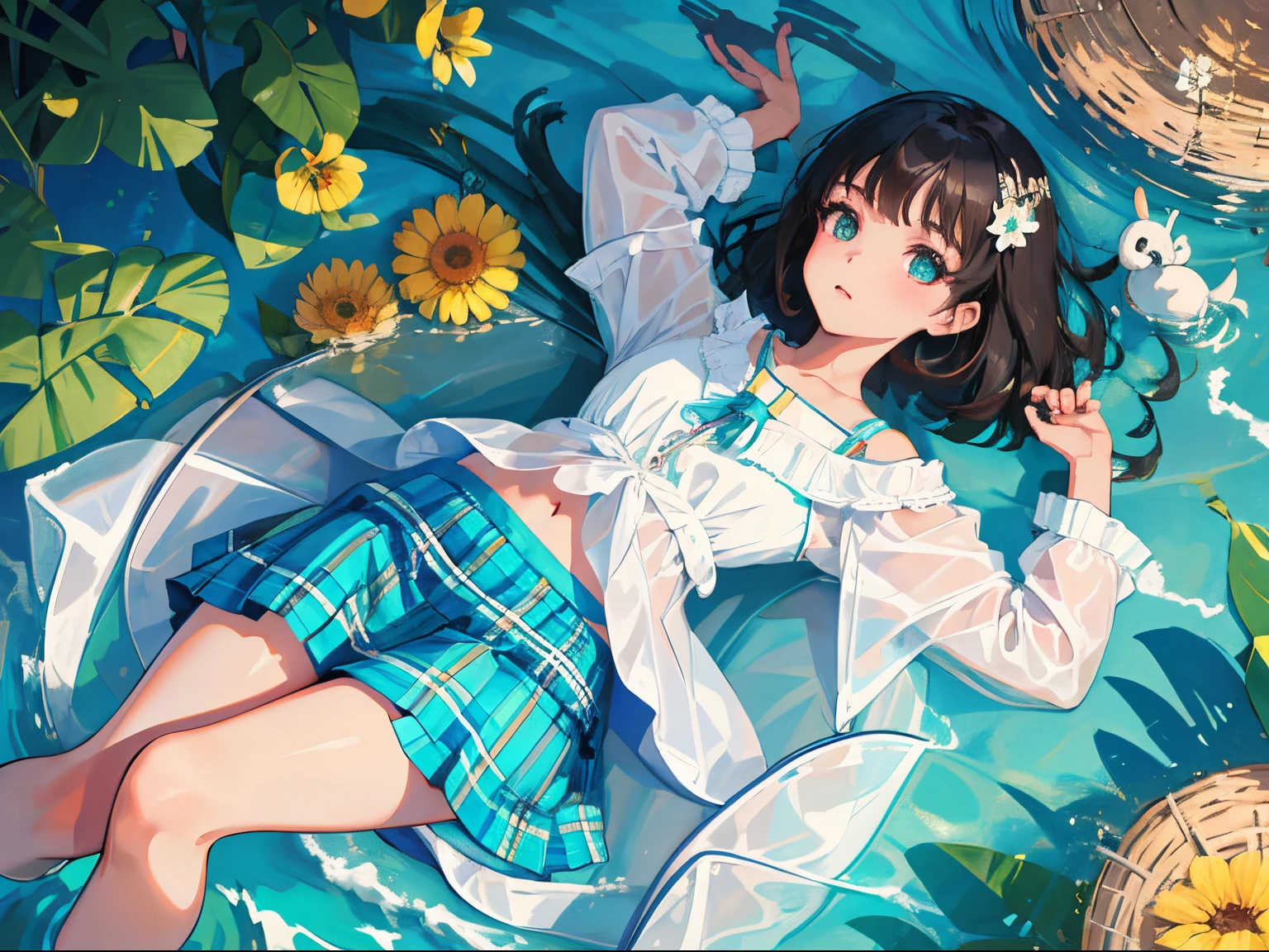 (child),(masterpiece,Highest Quality),(turquoise plaid mini skirt),White short-sleeved blouse,A dark-haired,lake