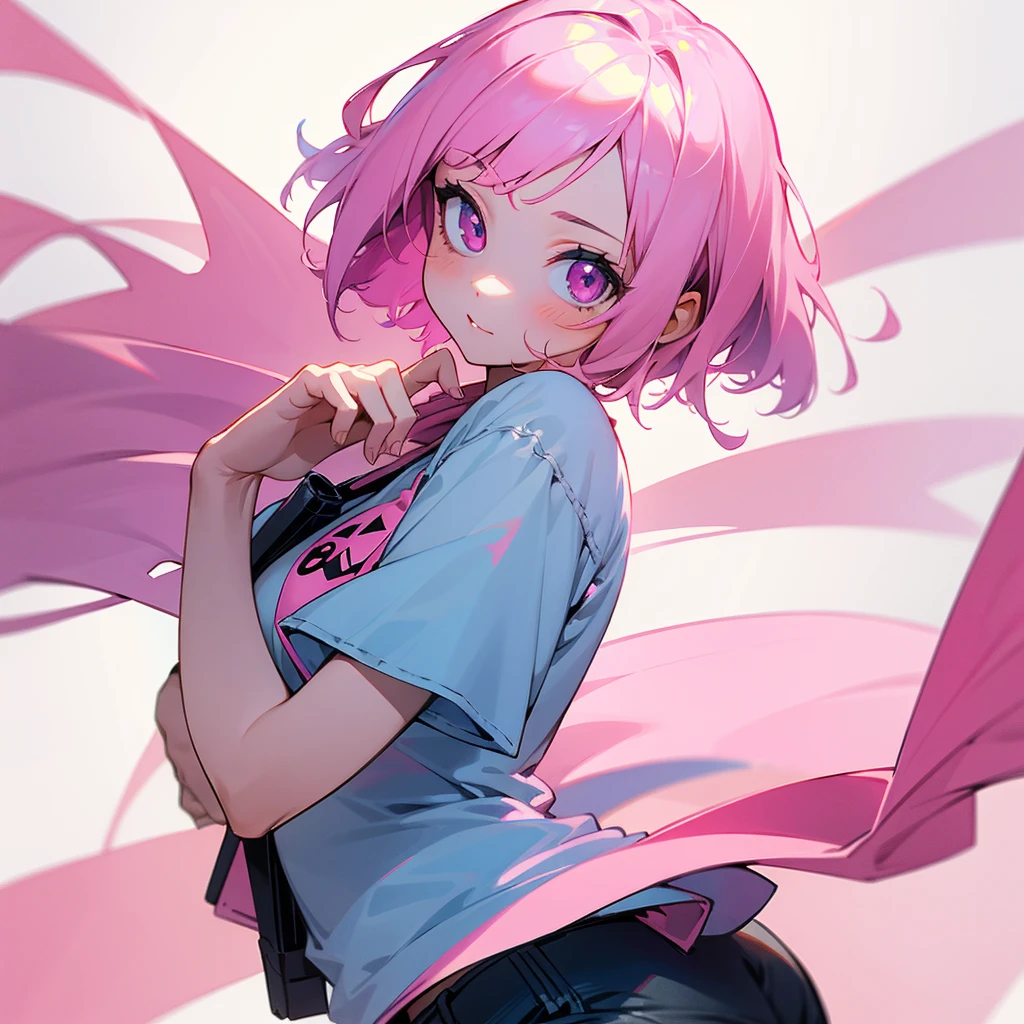 1girl, short pink hair, pink eyes, wearing plain white shirt, denim shorts, heaven, absurdres, high res, ultrasharp, 8K, masterpiece, looking at viewer, crop upper body