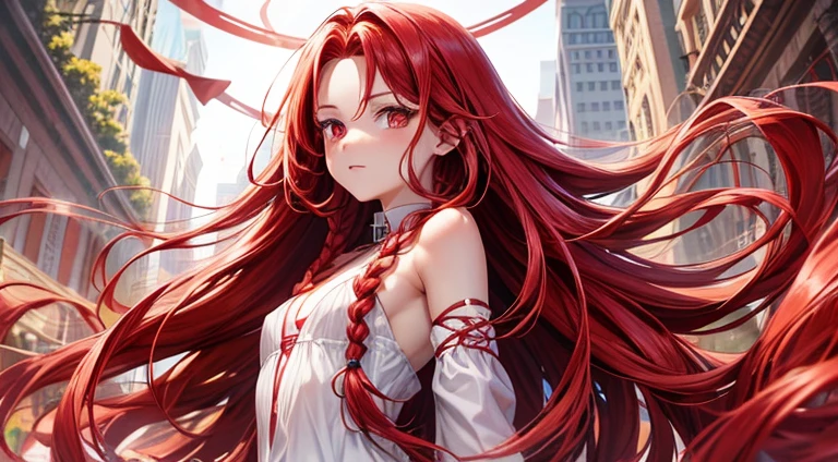 red braids, long red hair, pink eyes, small chest, white clothes, girl, lots of red braids, lots of red hair, dressed