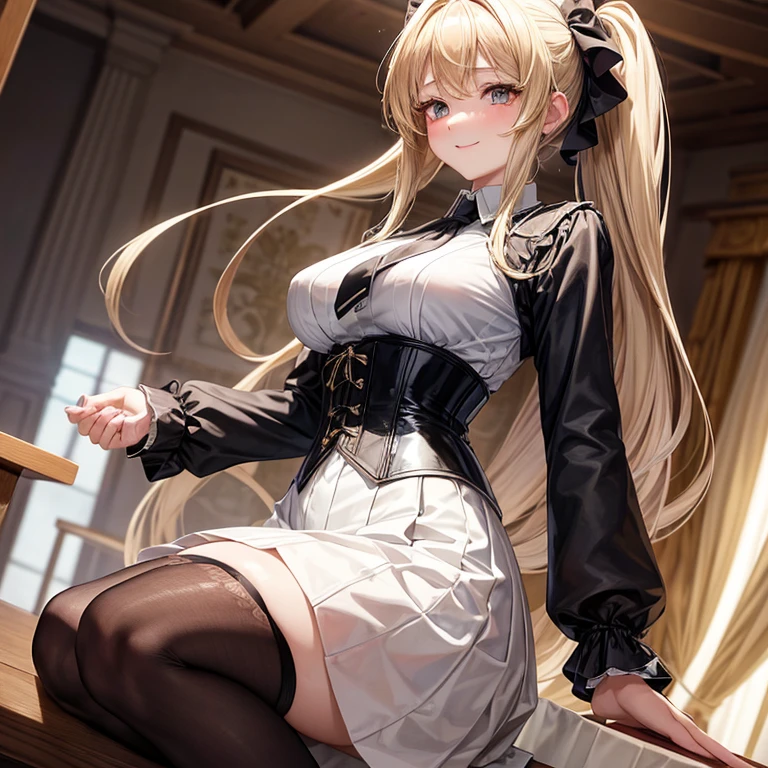 animesque、masterpiece、 pale skinned girl、Brown eyes、Blonde medium hair、poneyTail、white collared long sleeve shirt、black jacquard tie、Black corset、morning、oversize breast、A slight smil、Honor Students、4K、detaileds