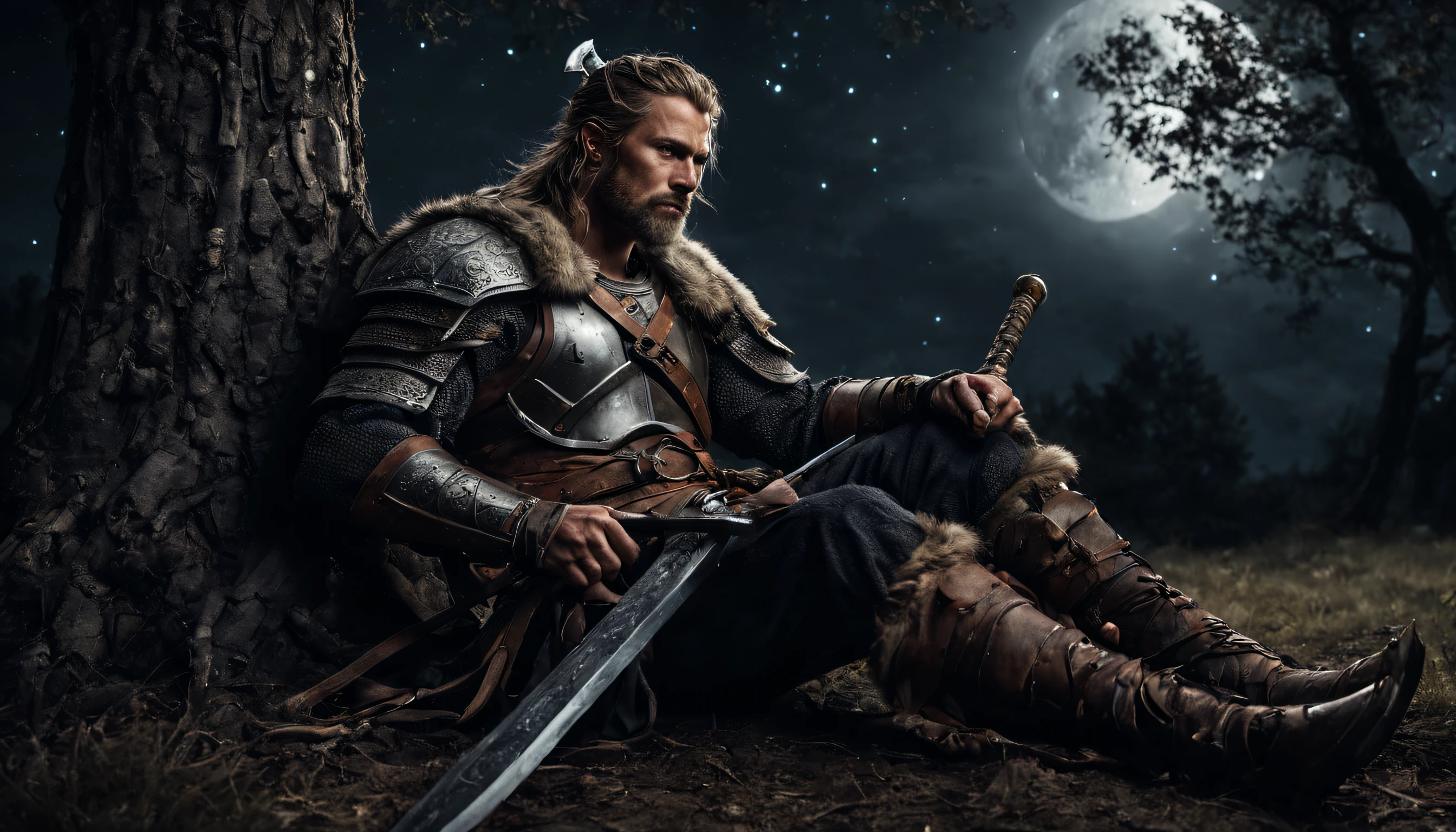 (Best Quality,Ultra-detailed,Realistic),warrior resting,next to a tree,It's dark night,sword next to him on the ground,Detailed armor,moon light,calm expression on his face,worn clothing,peaceful atmosphere,a starry sky,heightened senses,deep-shadows,low fire,viking warrior.