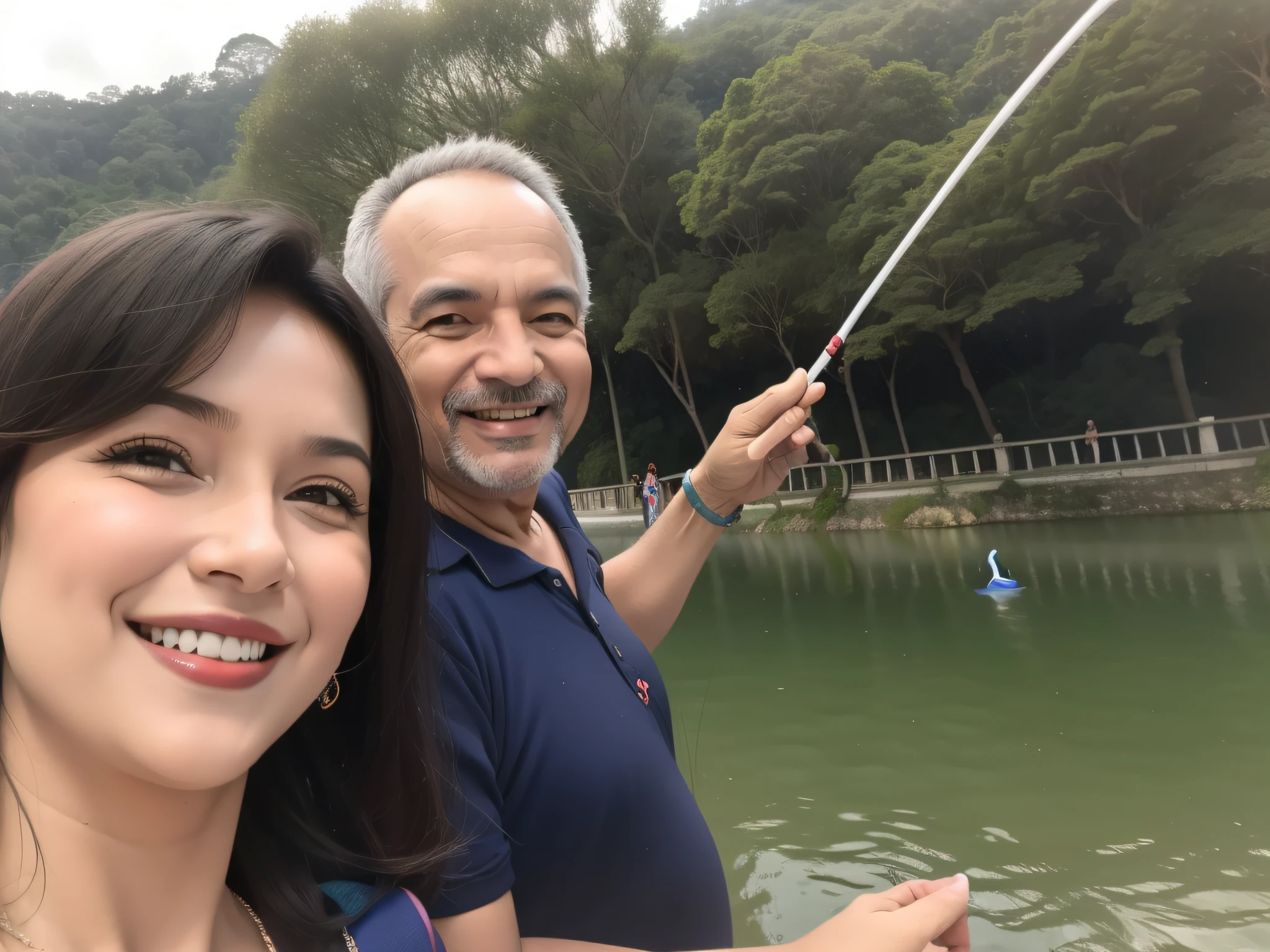 casal sorridente segurando uma vara de pescar em frente a um lago, divertindo-se, momma and papa, em um lago, no lago, foto Selfie, In Sao Paulo, em um barco em um lago, peixes no fundo, Foto POV,
