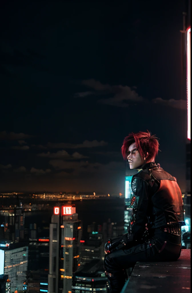 Draw a guy sitting on top of a building looking at a neon cyper punk city
