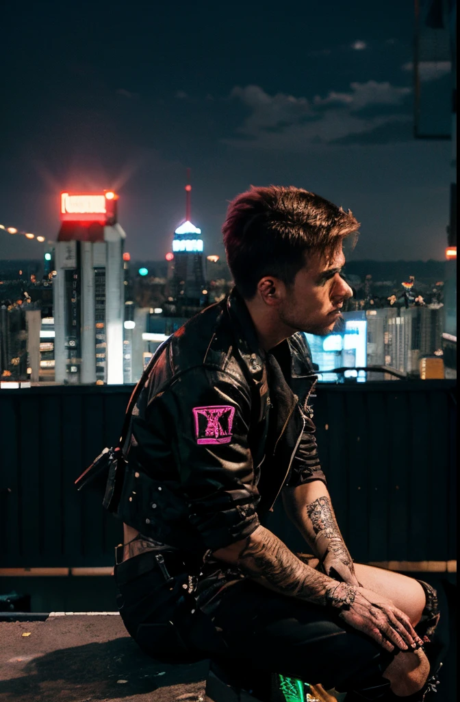 Draw a guy sitting on top of a building looking at a neon cyper punk city