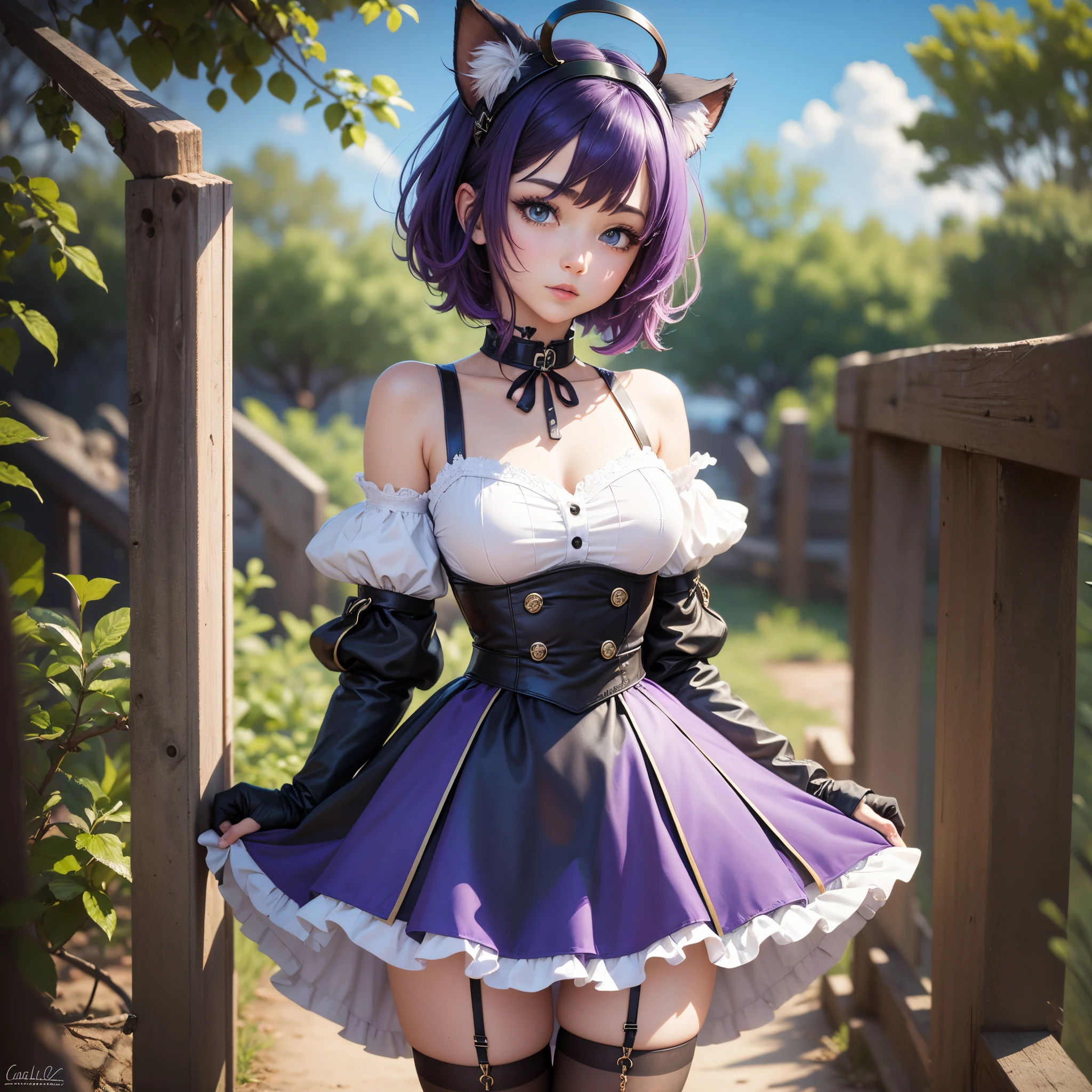 halo->halo animal_ears->animal ears skirt_lift->Lift up skirt choker->neck jewelry purple_eyesskirt->Skirtcake->cakeblack_hair->brunette food->food short_hair->short hair blue_archivepantyhose->pantyhose whit --auto --s2