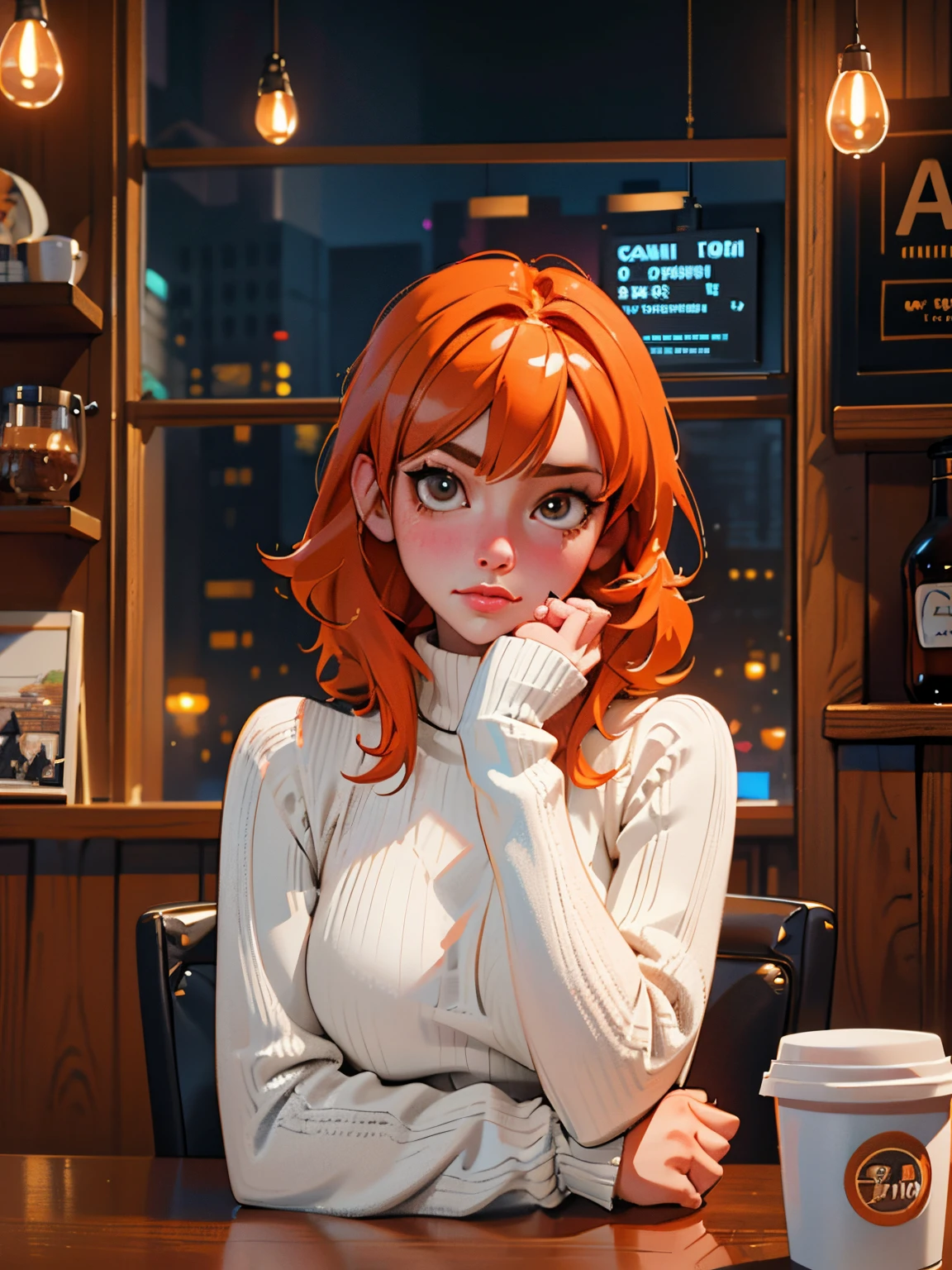 close-up shot of a girl with (orange hair), wearing a (black turtleneck sweater), sitting at a table at a coffee shop, coffee shop background; (((Best quality))) master piece vector illustration; anime character in sharp focus; detailed and vibrant anime face; character design; beautiful and vibrant digital art, hyperdetailed; overexaggerated features; Dynamic Lighting; Volumetric Lighting in 8k, Ultra Sharp Focus; intricate Artwork Masterpiece