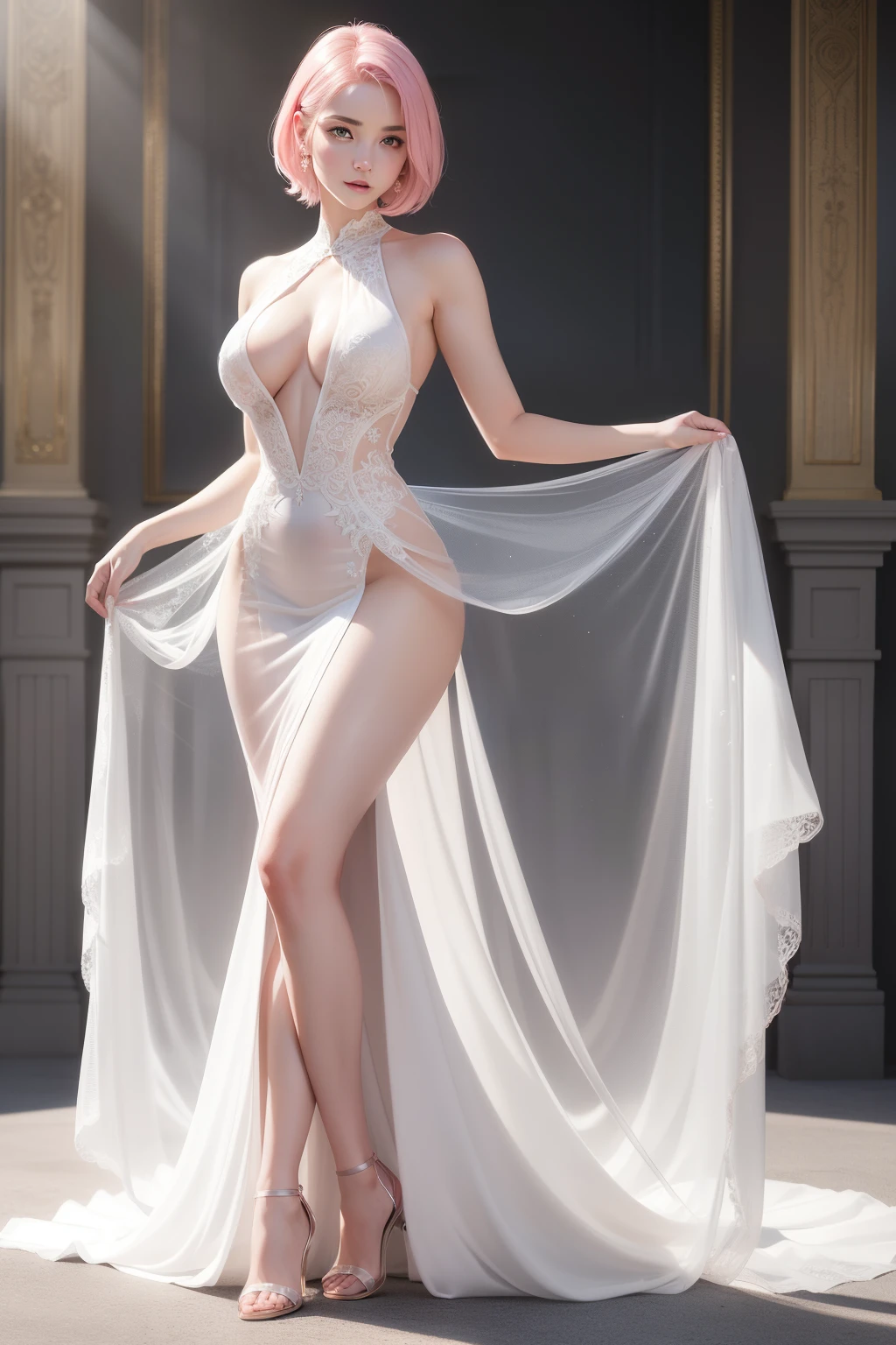 (masterpiece, best quality, ultra-detailed, ultra-HD, photorealistic, cinematic), araffe woman in a sheer white dress posing for a picture, sexy gown, translucent dress, translucent body, fantasy long intricate gown, tall thin beautiful goddess, dressed beautiful gown, wearing long gown, (wide camera shot, full body in view), transparent gray dress, attractive feminine curves, clear curvy details, elegant sleek smooth body, smooth translucent white skin, (short pink hair:1.2), large breasts