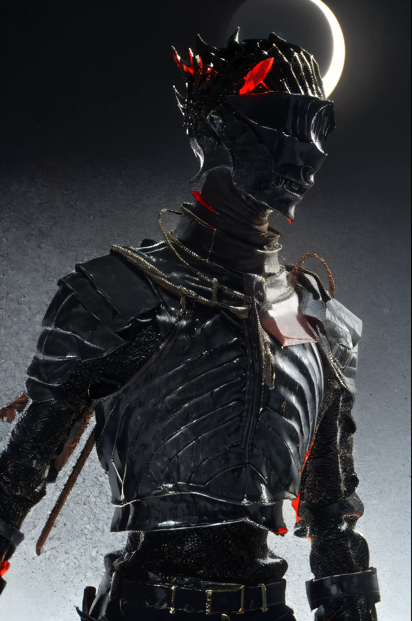 detailed, standing,upper body,  helm, crystal shards fused, skinny, ashes, black solar eclipse,
