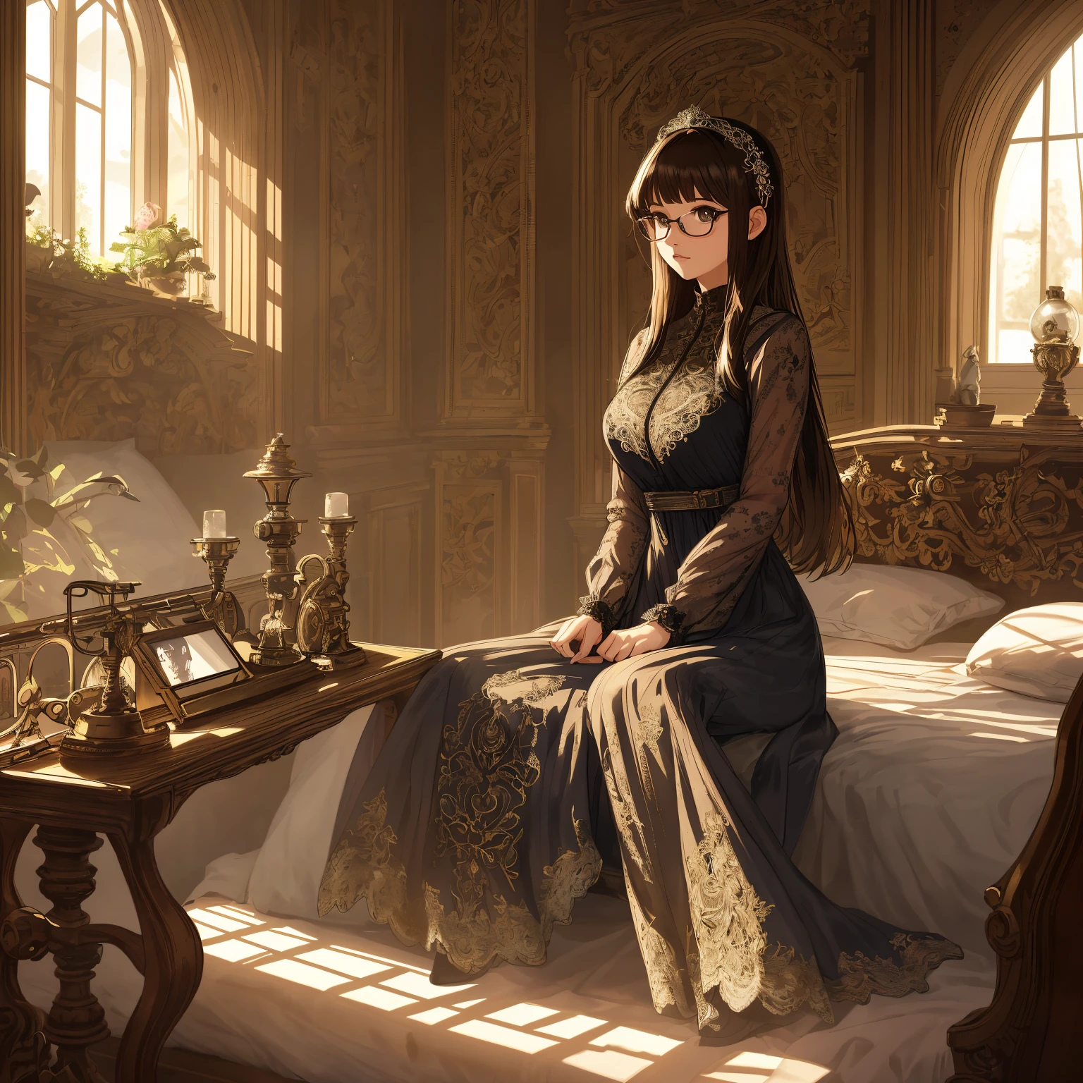 masterpiece, best quality, best illustration, HDR, beautiful details, intricate details, detailed scenery, dramatic light, best shadow, (full body shot), (1girl), Beautiful girl in sheer jumpsuit, big breasts, slender figure, 1girl, wearing round-rimmed glasses, Sony camera frontal shooting, sitting on bed, one body