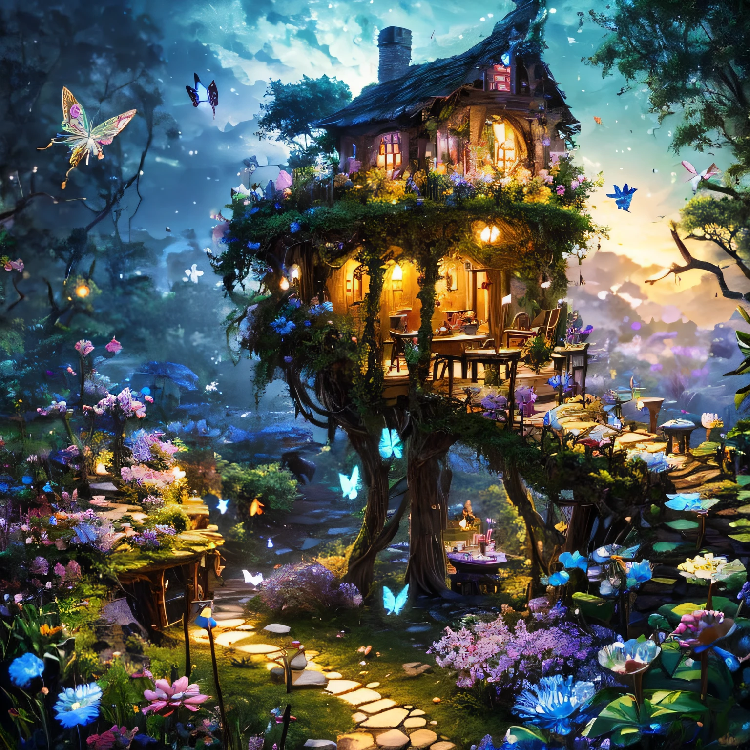 Fairy Village, Fairies having tea time using a stump as a table, Blossoms、butterflies are flying everywhere, There are lots of flowers on the roof too, carismatic, mystery, Soft lighting, (masutepiece), (Best Quality), (ultra high detail)