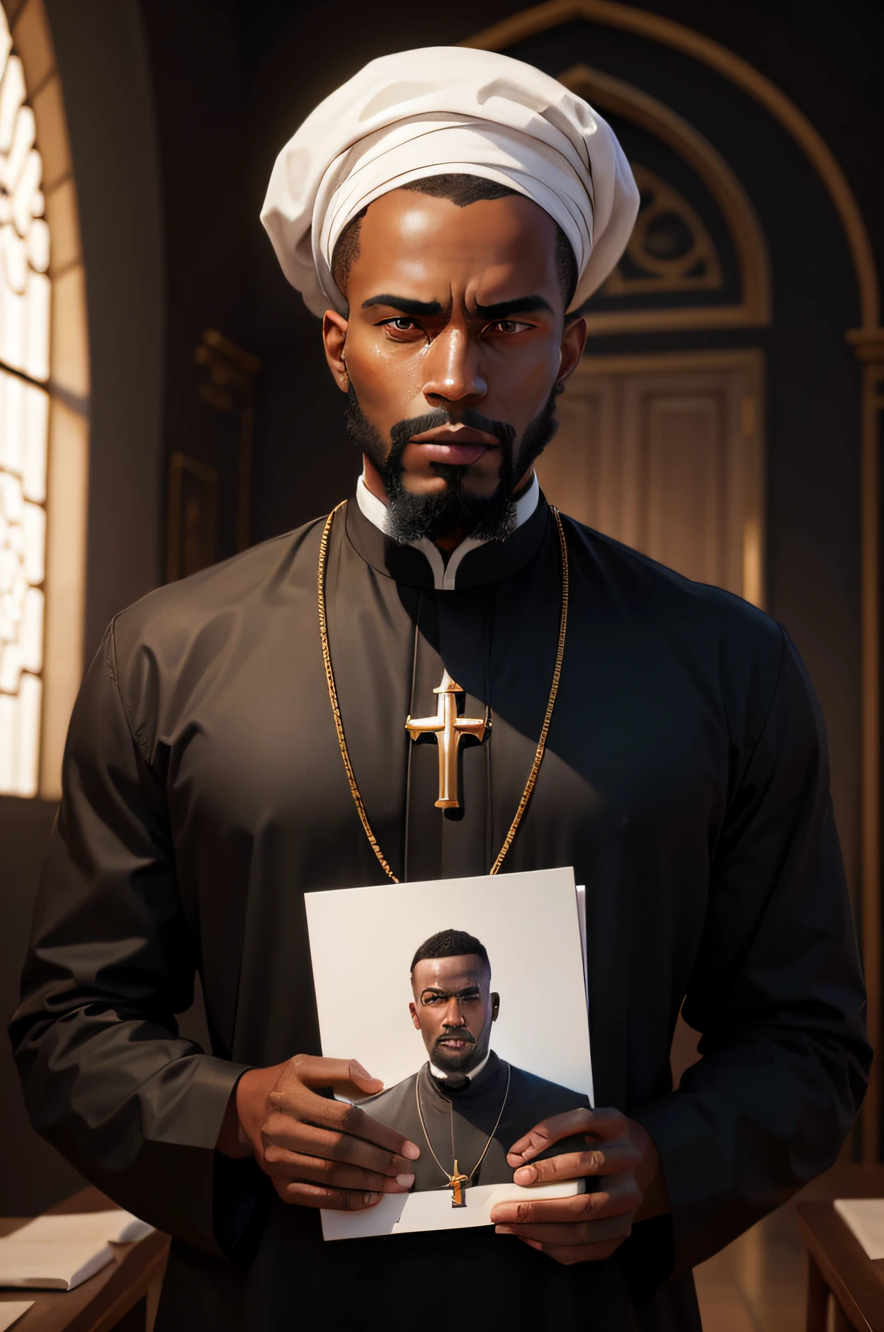 Make a portrait of an African man, in the black clothes of a Christian priest, barba preta