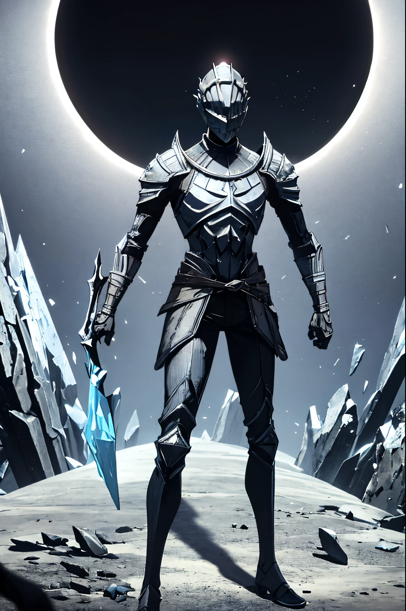 detailed, standing,upper body, helm, crystal shards fused, skinny, ashes, black solar eclipse,