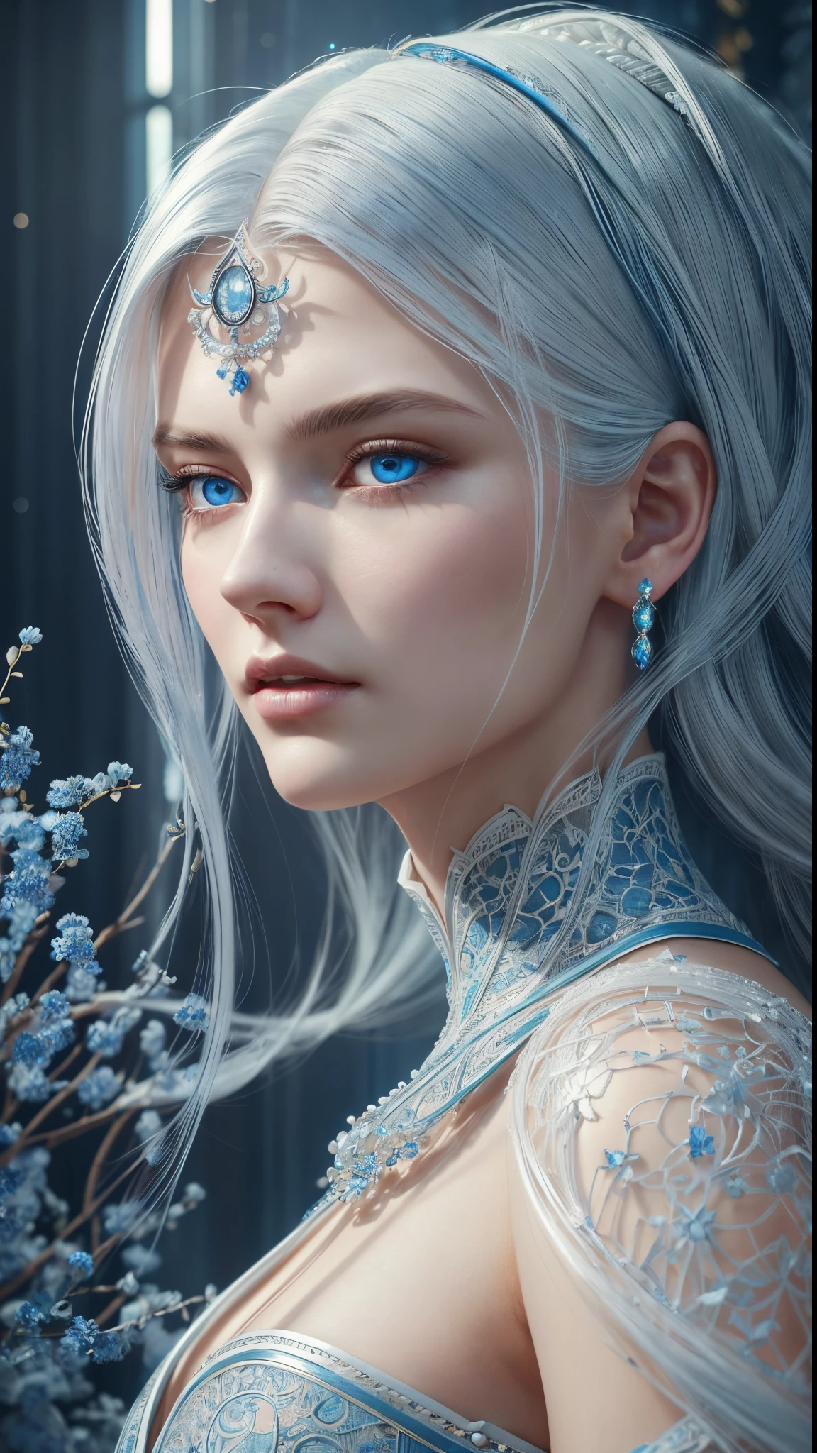 8k full body shot of beautiful 20 year old thin woman with white hair, intricate, beautifull face, elegant, highly detailed, majestic, digital hyperrealistic photography, art by artgerm and ruan jia and greg rutkowski hyperrealistic photography filigree, (masterpiece, sidelighting, finely detailed beautiful blue eyes: 1.2),