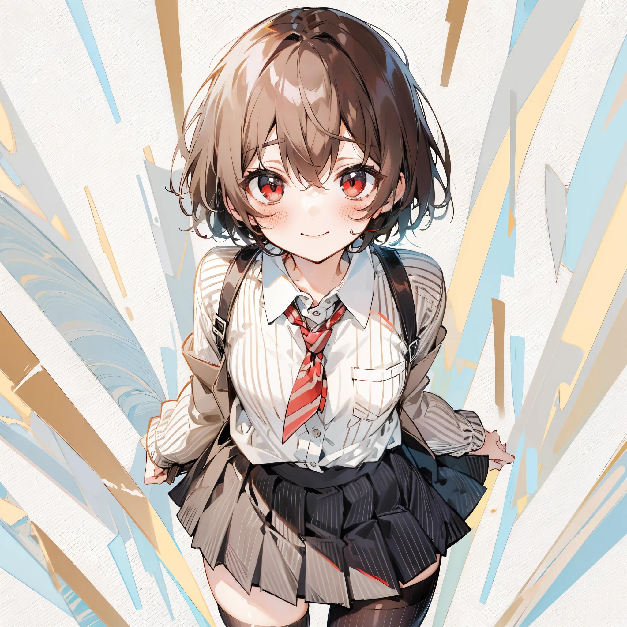 rating:safe, striped, 1girl, solo, red_eyes, skirt, brown_hair, blush, vertical_stripes, diagonal_stripes, long_hair, smile, looking_at_viewer, long_sleeves, hair_between_eyes, pleated_skirt, striped_background, jacket, black_skirt, closed_mouth, shirt, striped_neckwear, bangs, heart, striped_shirt, black_legwear, cowboy_shot, holding, animal, houjuu_nue, black_hair, eyebrows_visible_through_hair, open_clothes, floating_hair, sweater, collared_shirt, short_hair, blood