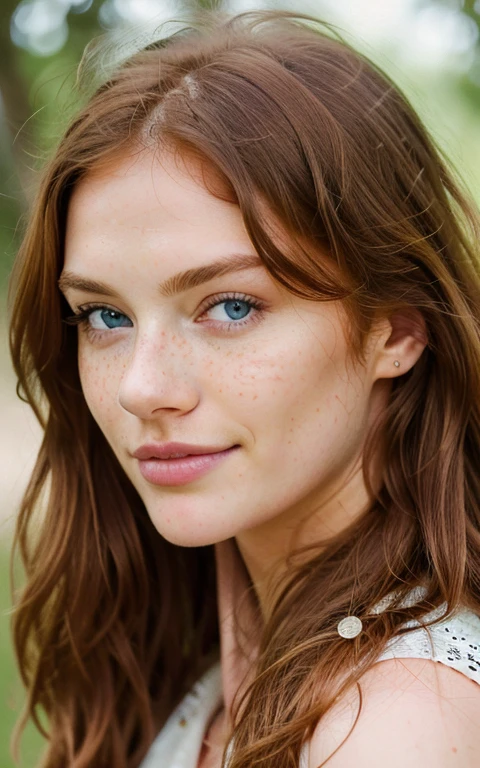 ((best quality)), ((masterpiece)), (detailed), perfect face portrait, Beautiful ginger hair, highly detailed, 18 years old, innocent face, long curly hair, blue eyes, freckles, beautiful well defined lips, high resolution, Masterpiece, Best quality, Intricate high detail, Highly detailed, Sharp focus, Detailed skin, realistic skin texture, texture, detailed eyes, professional, 4k, charming smile, shot on Canon, 85mm, shallow depth of field, Kodak Vision Color, , extremely detailed, photography_\(ultra\), Photorealistic, Realistic, Post-processing, maximum details, roughness, real life, ultra realistic, Photorealism, photography, 8k UHD, photography,