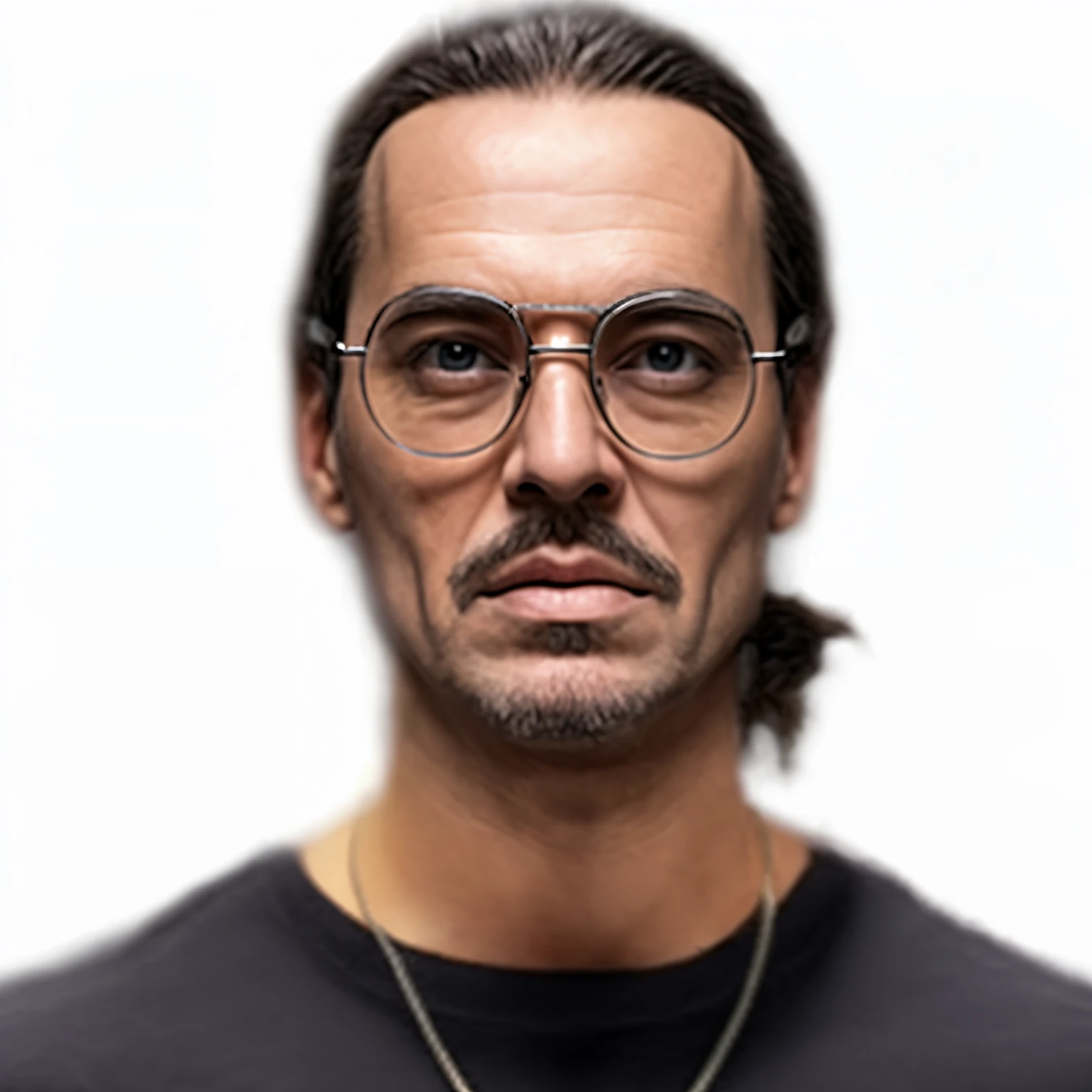 eine Nahaufnahme eines Mannes mit Brille und Halskette, ultrarealistisches Gesicht, 8k hochdetailliertes Gesicht, mit Brille und Spitzbart, NFT Portrait, Realistic hybrid of face and body, Precise, ultrarealistische Gesichter, 8k portrait rendering, Extrem realistisches Gesicht, Highly detailed VFX portrait, Gesicht sehr realistisch, portrait of ultra realistic, Echtes, detailliertes Gesicht, Hyperrealistisches Gesicht