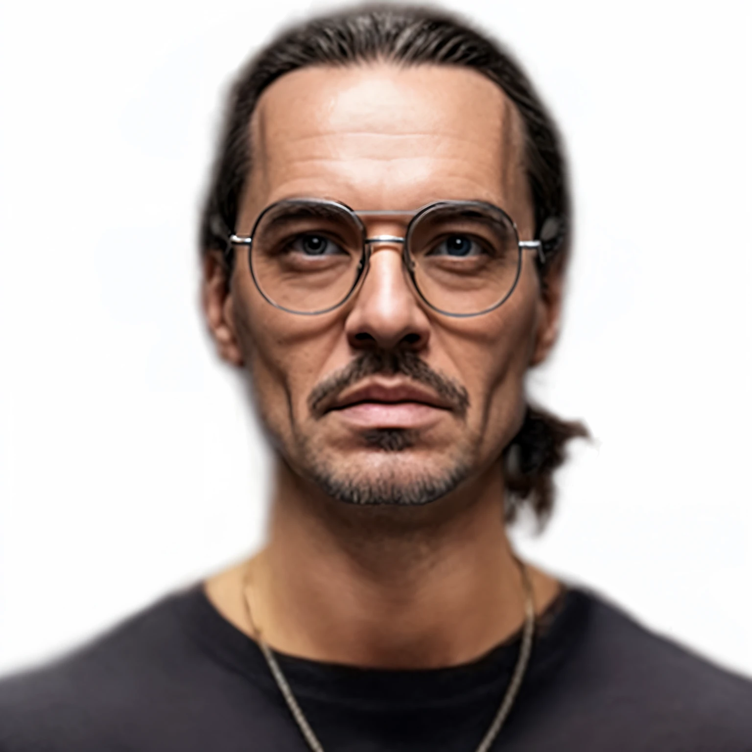 eine Nahaufnahme eines Mannes mit Brille und Halskette, ultrarealistisches Gesicht, 8k hochdetailliertes Gesicht, mit Brille und Spitzbart, NFT Portrait, Realistic hybrid of face and body, Precise, ultrarealistische Gesichter, 8k portrait rendering, Extrem realistisches Gesicht, Highly detailed VFX portrait, Gesicht sehr realistisch, portrait of ultra realistic, Echtes, detailliertes Gesicht, Hyperrealistisches Gesicht