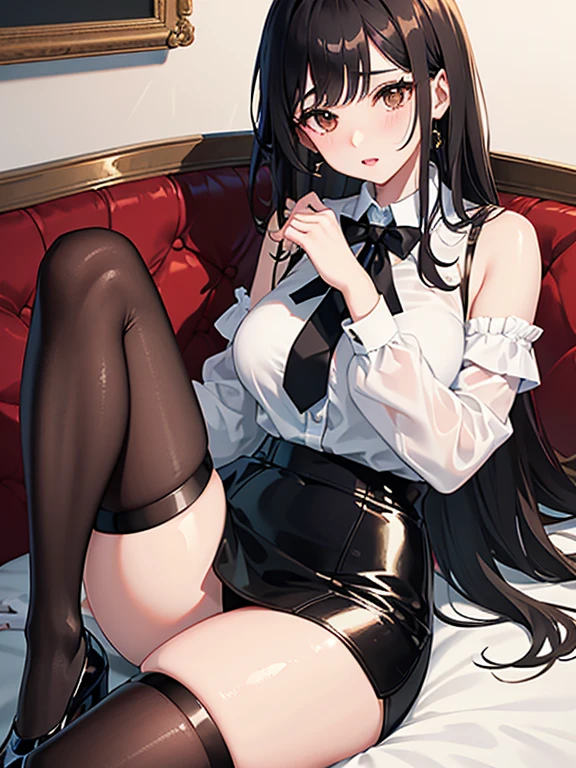 Secretary, One girl, large brown eyes framed by thick lashes, full lips that often seem to be slightly parted in anticipation or desire, and straight brownhair that falls just below her shoulders, very shortblack miniskirt, tight fitting white shirt, black patent leather pumps, thong, stockings.