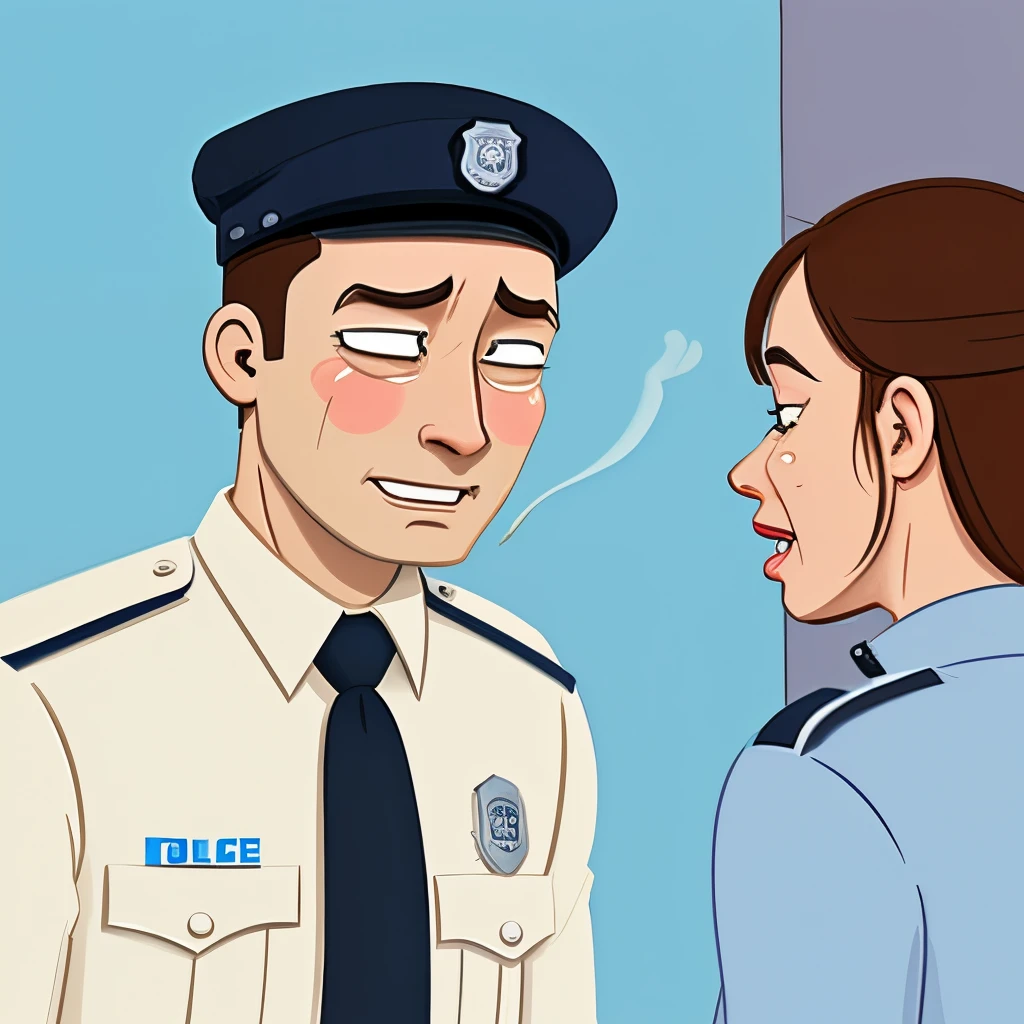 A cartoon of a policeman who is talking to a woman, that woman is crying