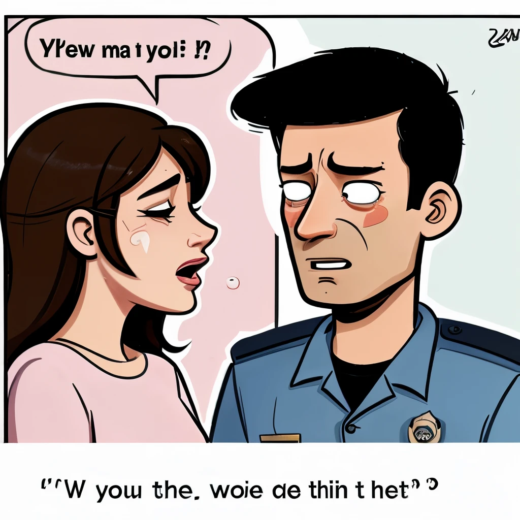 A cartoon of a policeman who is talking to a woman, that woman is crying