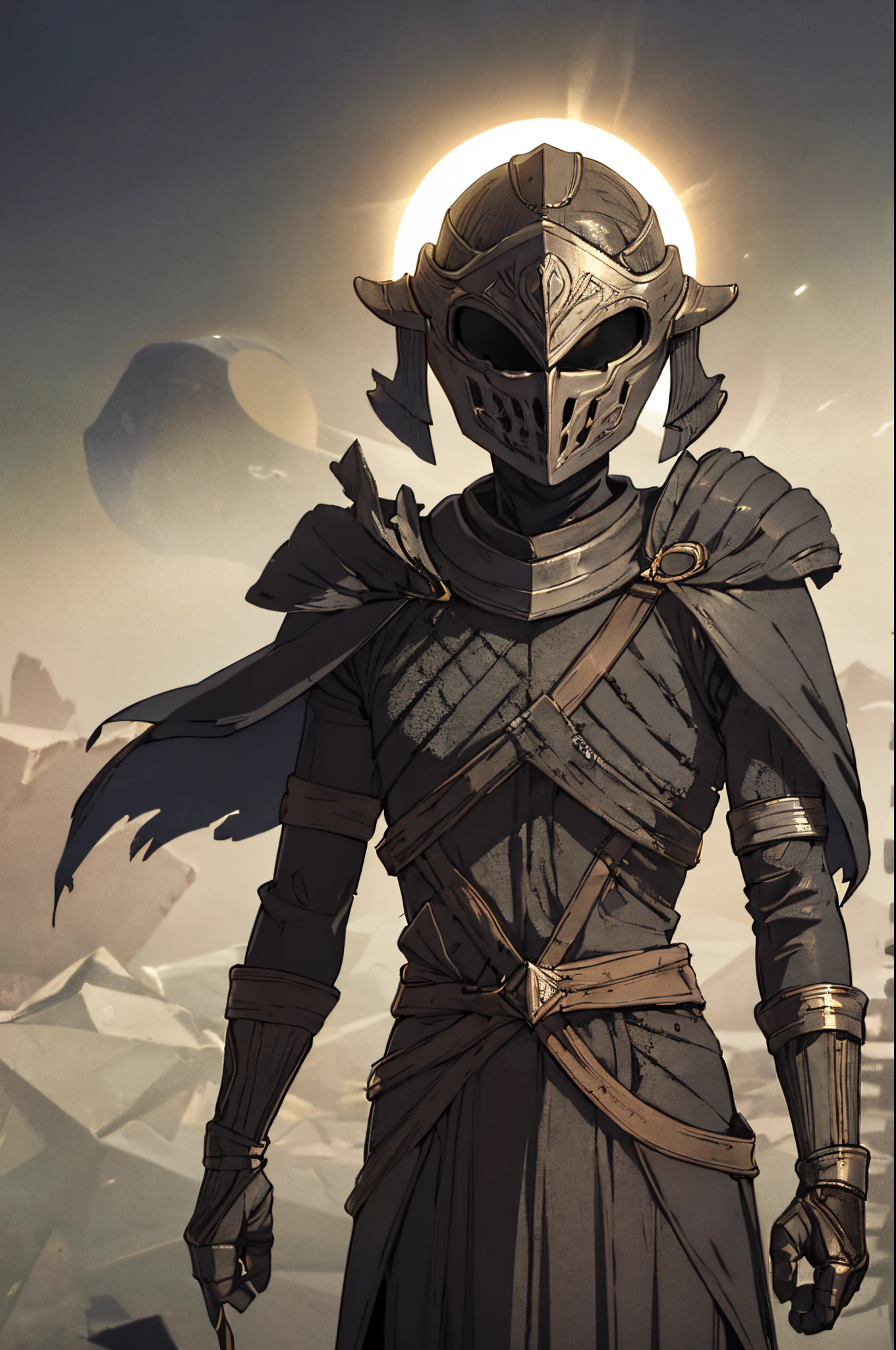 detailed, standing,upper body, helm, crystal shards fused, skinny, ashes, black solar eclipse,
