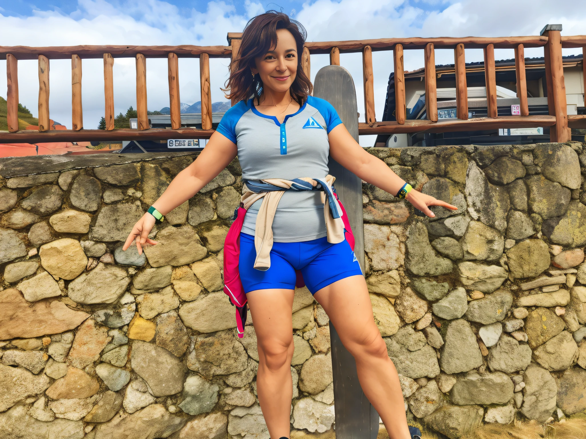there is a 35-year-old woman, pele branca, standing on a skateboard in front of a stone wall, using gym equipment, usando equipamento de aventura, roupas de caminhada, posando nas pedras, com montanhas ao fundo, vestindo roupas de caminhada viajar, foto da cintura, standing on a bridge, com montanhas como pano de fundo