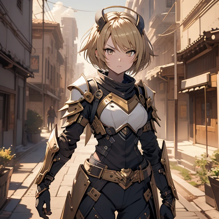 master piece, 8k, ultra detailed, anime, girl, short hair, blonde hair, golden eyes, serious and courageous face, black obsidian armor, punching position, kinetic rocks, Gran Canyon scenario.