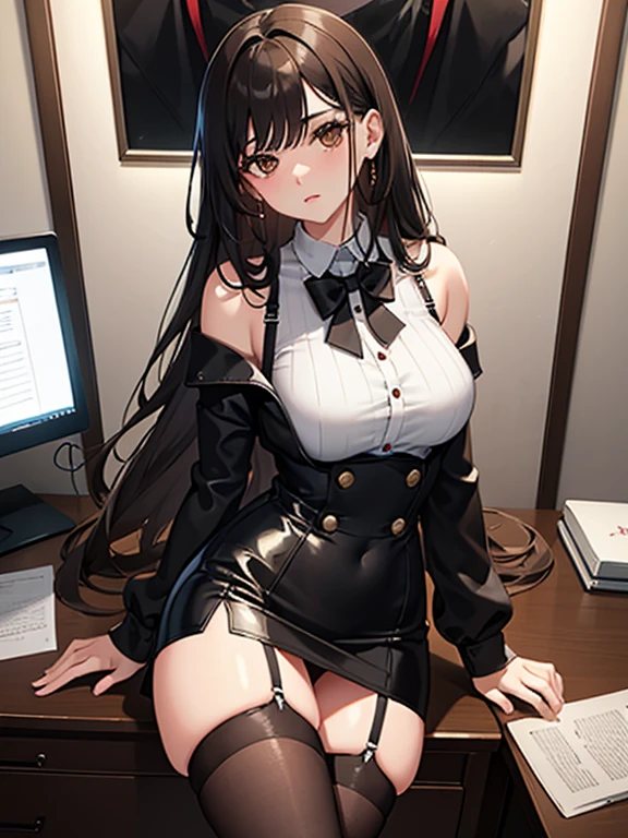 Secretary, One girl, large brown eyes framed by thick lashes, full lips that often seem to be slightly parted in anticipation or desire, and straight brownhair that falls just below her shoulders, very shortblack miniskirt, tight fitting white shirt, black patent leather pumps, thong, stockings, in the office, working