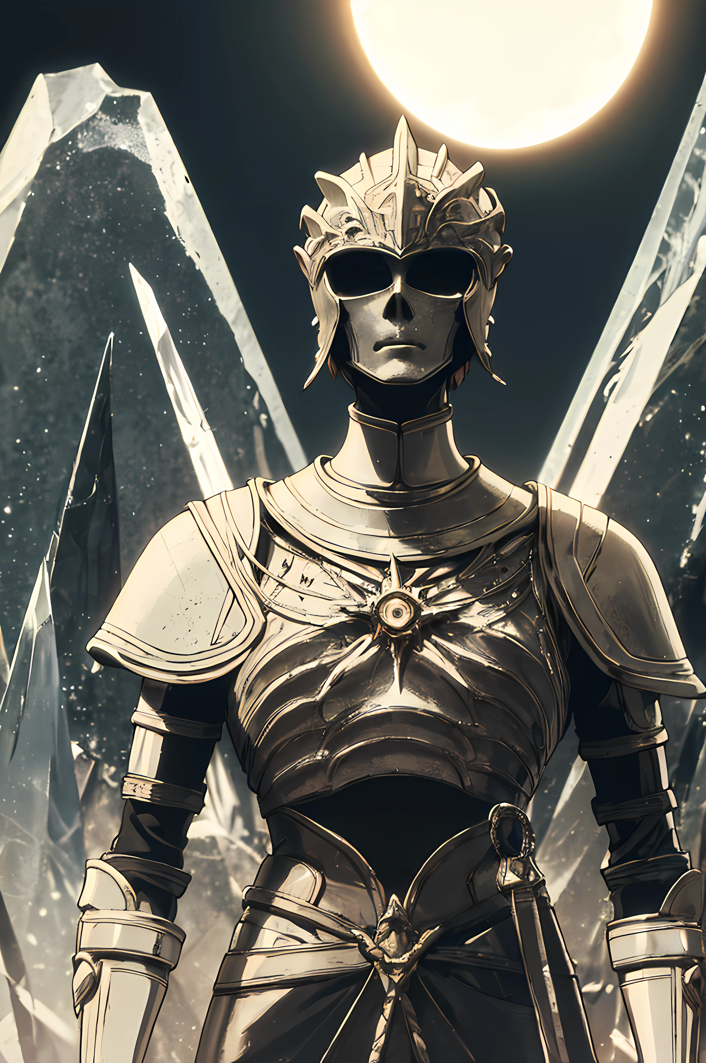 detailed, standing,upper body,  helm, crystal shards fused, skinny, ashes, black solar eclipse,