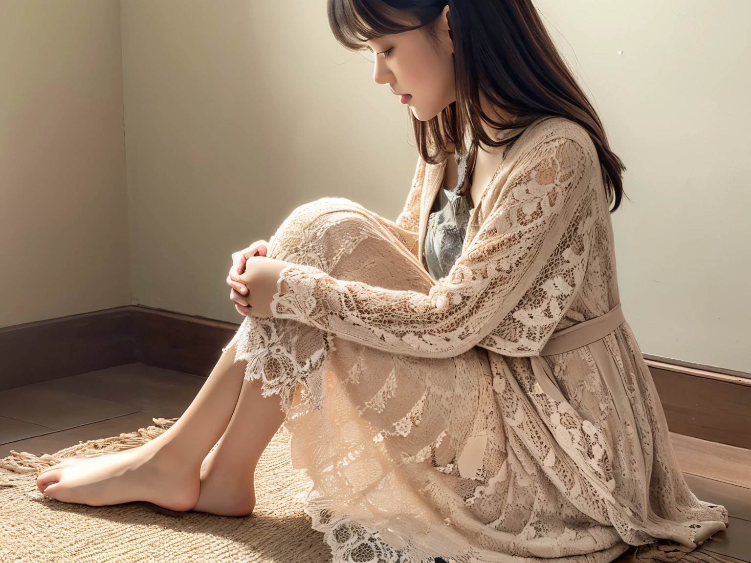 (masterpiece),(ultra detail), 1 girl, fall cloth, sitting floor grasping her knee,(full body), side view,(lace pattern cardigan),(under maxi dress),