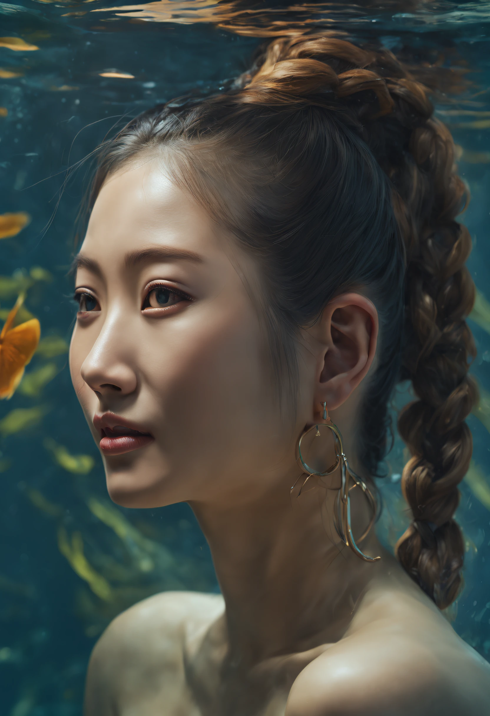 beautiful asian woman, nervous smile, braided ponytail, from behind, caustics, Genre painting, cinematic lighting, partially underwater shot, Dadaism, UHD, anatomically correct, textured skin
