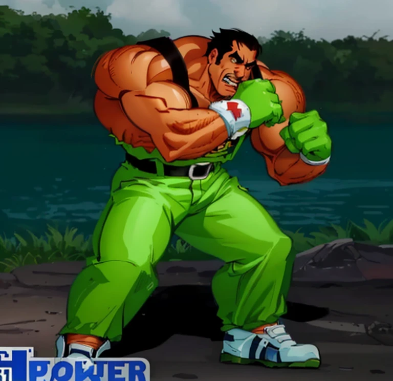 a man in green pants and a green shirt throwing a punch, energia de postura de luta, Personagem de King of Fighters, personagem de jogo de luta, Pose de luta, postura de luta, em pose de luta, postura de poder, Pose de lutador, Estilo Rei dos Lutadores, em uma postura de luta, como personagem em tekken, postura poderosa, Pose de luta, pose mais forte, em poses de lutador