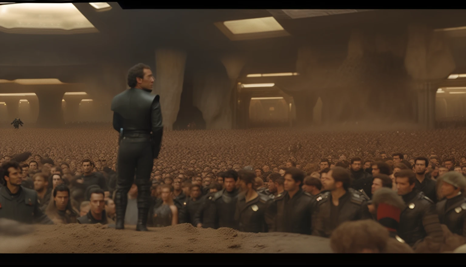 arafed image of a man standing at a podium with a crowd of people, scene from dune 2 0 2 1 movie, in a scifi movie, still from a ridley scott movie, film still from dune 2020, still from a live action movie, scene from live action movie,  cinematic, movie screen shot