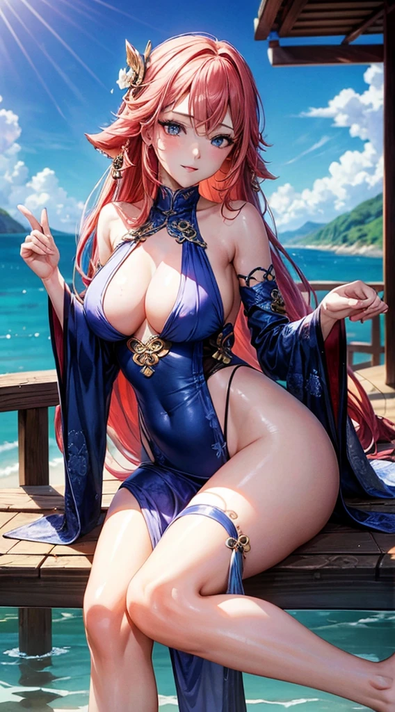(Enrich the picture,Masterpiece level quality)Beautiful 8K CG artwork,Goddess-like posture,sittinng on the river,Postural exercises,Slim and soft,Translucent skin,Red hair、The beauty of extra-long hair, Super Long Straight Hair,The skin fair and juicy,Big breasts underwear uniform,Perspective Part 1.2x enhanced silhouette effect,Exquisite transparent blues pattern in pajamas,The details are intricate and exquisite,The background slightly blurred,Charming and lustful leg seduction,Drool,J cup big breastlush,Japan goddess,Perfect body slim curves,Scene by the sea,