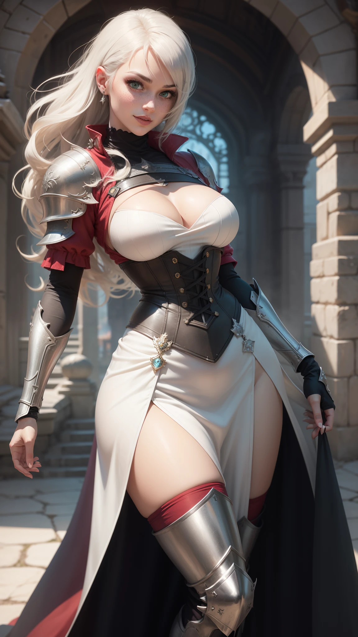 gwen tennyson,yorha 2b,yuna,claire farron,overwatch,warcraft,close up, castle siege battle,tattoos,ruby and white plugsuit,white short sleeve knight top,short sleeve knight full plate armor,long knight skirt,steel knight corset,long curly hair,queen makeup,green eyes,multicolored silver hair,long dress train,sexy smile, freckles,beautiful girl,silver thigh high boots,large ,8k,ultra detailed,realistic,fantasy art,steel knight uniform,queen gown dress,hair jewelry,ear piercings,ruby hand and neck jewelry,(weather:windy),1girl,long scarlet knight coat,castle siege,heroic stance,