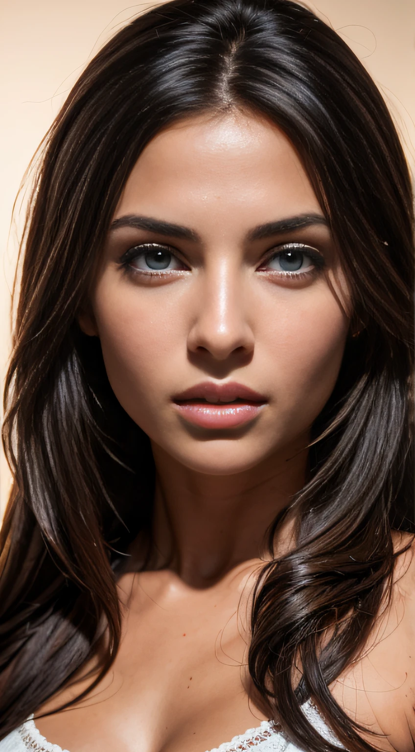 A photorealistic portrait of a insanely beautiful tanned Greek young woman with no makeup, skin is tanned, extremely detailed brown eyes, messy hair, no hair covers the face, detailed symmetric realistic face, extremely detailed natural texture, peach fuzz, dark brown hair, masterpiece, award winning photo by Francesco Scavullo, nikon d850 film stock photograph, kodak portra 400 camera f1.6 lens, extremely detailed, amazing, fine detail, rich colors, hyper realistic lifelike texture, dramatic lighting, unrealengine, trending on artstation, cinestill 800 tungsten, looking at the viewer, photo realistic, RAW photo, TanvirTamim, high quality, highres, sharp focus, extremely detailed, cinematic lighting, 8k uhd