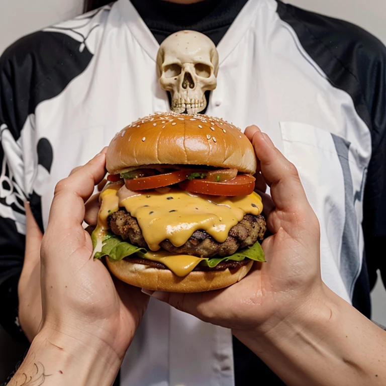 Delicious cheeseburger in the hands of a skull