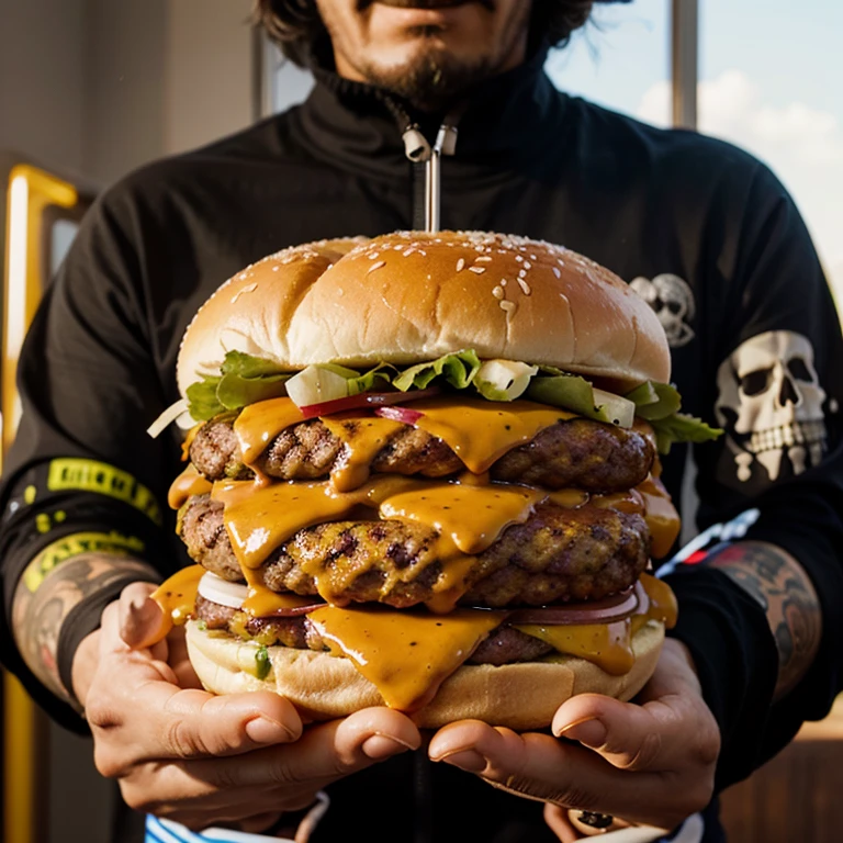 Delicious cheeseburger in the hands of a skull