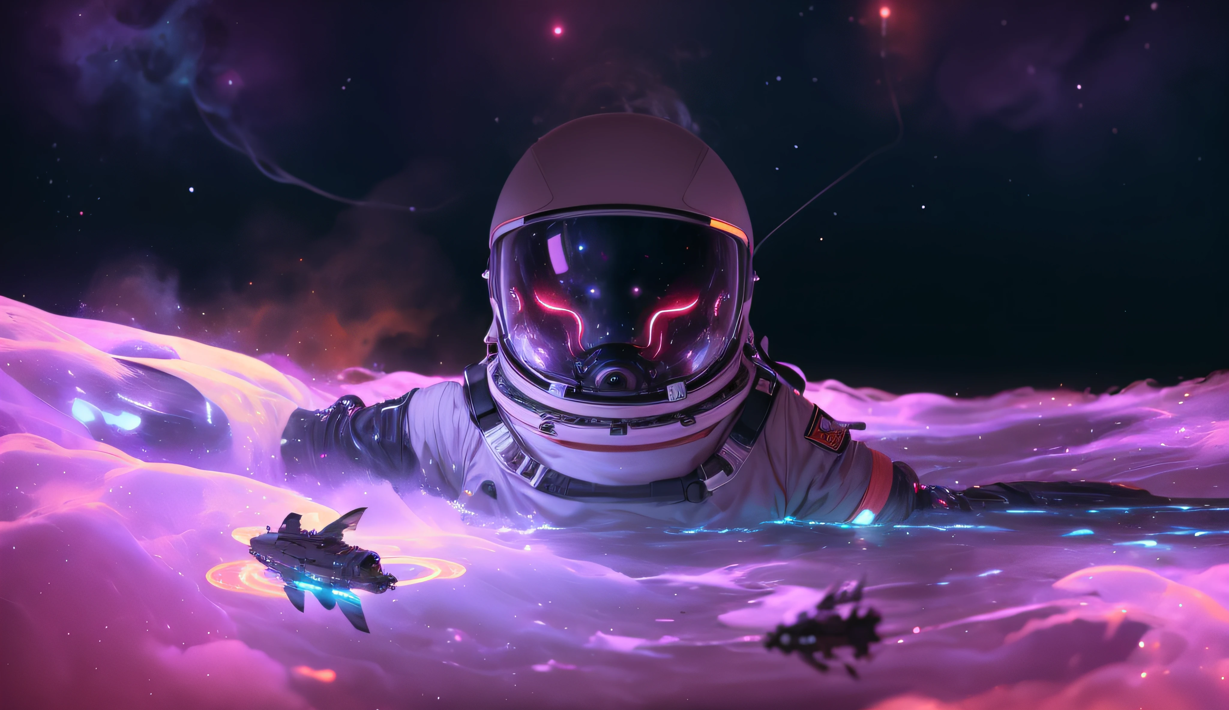 astronaut floating in water with a spaceship in the background, Flutuando na Nebulosa do Cosmos, flutuando em uma nebulosa, floating in a cosmic nebula, floating in the space, floating in deep space, floating in outer space, floating through space, floating across the cosmic ocean, inspirado em Cyril Rolando, Artem Demura Beeple, flutuando no universo