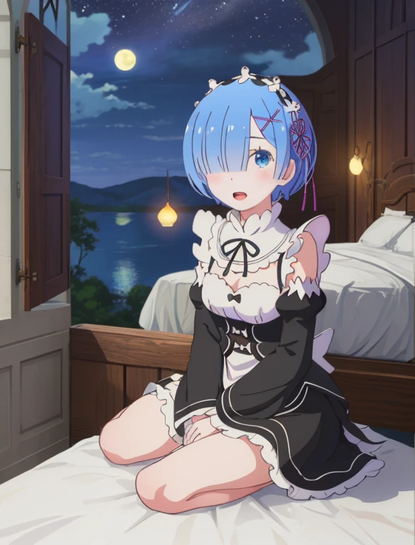 ((full body)), ((full pose)), best quality, masterpiece, phRem, 1girl, blue hair, solo, maid, roswaal mansion maid uniform, looking at viewer, outdoors, open mouth, anime coloring, maid headdress, upper body, cloud, sky, parody, day, black ribbon, detached sleeves, blush, highres, highest quallity, illustration, cinematic light, ultra detailed, detailed face, (detailed eyeest quality, hyper detailed, masterpiece, (detailed face), highest details, luminous eyes, medium breats, sitting in bed, sitting, bed, window, night sky, lake outside, moon, full moon, backlighting, light rays, (high contrast), (colorful),