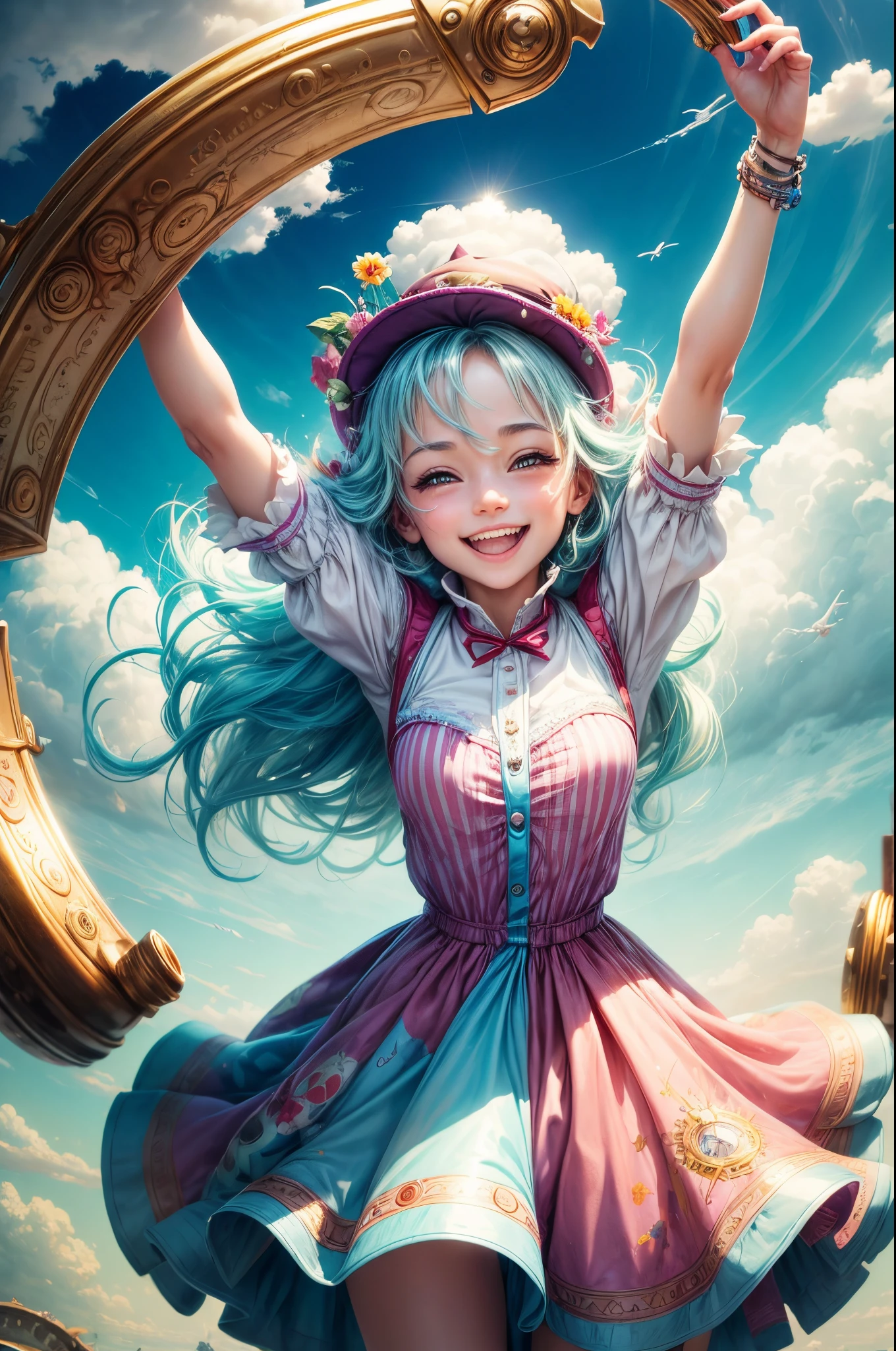 "((Innocent)) Smile, playful escapade, clockwork wonderland, joyous moments frozen in time, ((effervescent clouds)), liquid laughter, vibrant colors, whimsical tales