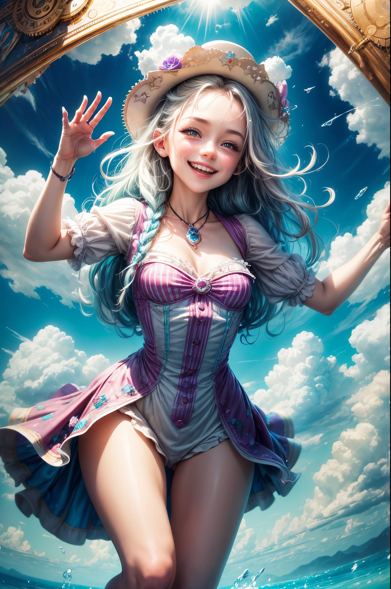 "((Innocent)) Smile, playful escapade, clockwork wonderland, joyous moments frozen in time, ((effervescent clouds)), liquid laughter, vibrant colors, whimsical tales