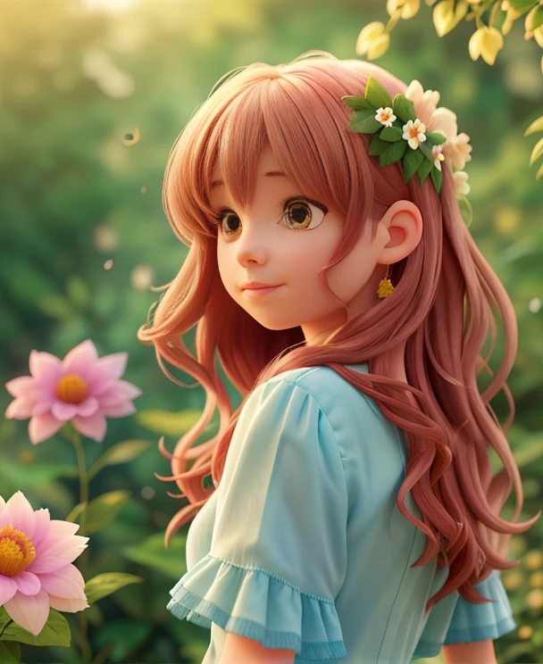 A girl in a garden,illustration,painted with watercolors,lush greenery,blooming flowers,soft sunlight(best quality,realistic:1.37),vibrant colors,fine details, ethereal atmosphere,faint scent of flowers in the air