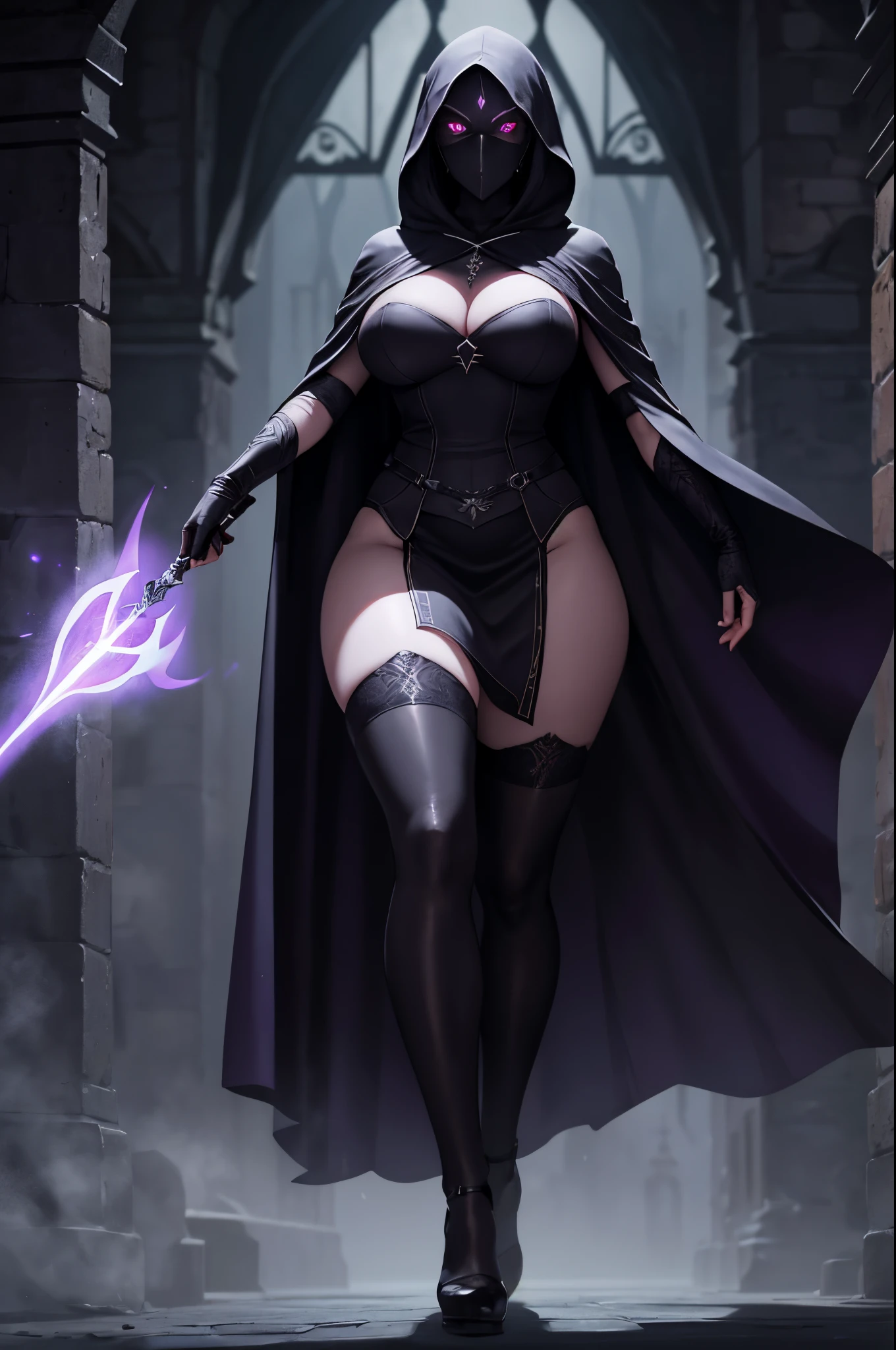 Medieval shoes, thick wide hips, shadow assassin, bare thick legs, (lifted up skirt), (thick bare thicc wide thighs), boobs out of purple tight dress, dynamic pose, impossibly massive gigantic breasts, tits out of dark purple medieval dress, under cloak, tight skirt of dress, a skinny big woman, attracts, seduces, flirts, on dark throne, in shadow castle, pale skin, slim thin waist, bottomless, Enshrouded, Mysterious, Glowing eyes, Hooded figure, Shadowed visage, Ethereal glow, Ominous, Enigmatic, Concealed, Menacing, shrouded in darkness, face obscured, glowing eyes piercing through the shadow, ethereal light from within.