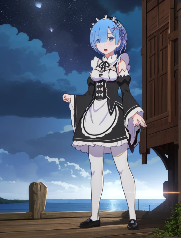 ((full body)), ((full pose)), best quality, masterpiece, phRem, 1girl, blue hair, solo, maid, roswaal mansion maid uniform, looking at viewer, outdoors, open mouth, anime coloring, maid headdress, upper body, cloud, sky, parody, day, black ribbon, detached sleeves, blush, highres, highest quallity, illustration, cinematic light, ultra detailed, detailed face, (detailed eyeest quality, hyper detailed, masterpiece, (detailed face), highest details, luminous eyes, medium breats, ((standing)), shoes, ((white pantyhose)), window, night sky, lake outside, moon, full moon, backlighting, light rays, (high contrast), (colorful),