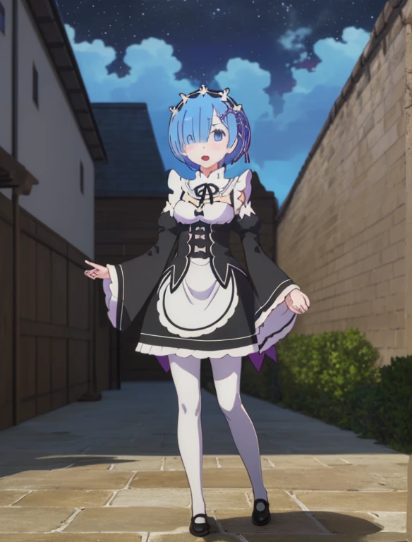 ((full body)), ((full pose)), best quality, masterpiece, phRem, 1girl, blue hair, solo, maid, roswaal mansion maid uniform, looking at viewer, outdoors, open mouth, anime coloring, maid headdress, upper body, cloud, sky, parody, day, black ribbon, detached sleeves, blush, highres, highest quallity, illustration, cinematic light, ultra detailed, detailed face, (detailed eyeest quality, hyper detailed, masterpiece, (detailed face), highest details, luminous eyes, medium breats, ((standing)), shoes, ((white pantyhose)), window, night sky, lake outside, moon, full moon, backlighting, light rays, (high contrast), (colorful),