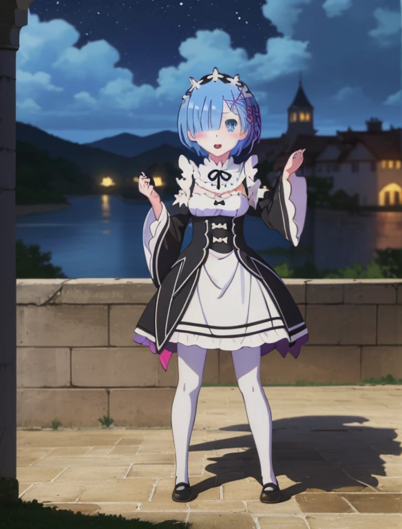 ((full body)), ((full pose)), best quality, masterpiece, phRem, 1girl, blue hair, solo, maid, roswaal mansion maid uniform, looking at viewer, outdoors, open mouth, anime coloring, maid headdress, upper body, cloud, sky, parody, day, black ribbon, detached sleeves, blush, highres, highest quallity, illustration, cinematic light, ultra detailed, detailed face, (detailed eyeest quality, hyper detailed, masterpiece, (detailed face), highest details, luminous eyes, medium breats, ((standing)), shoes, ((white pantyhose)), window, night sky, lake outside, moon, full moon, backlighting, light rays, (high contrast), (colorful),