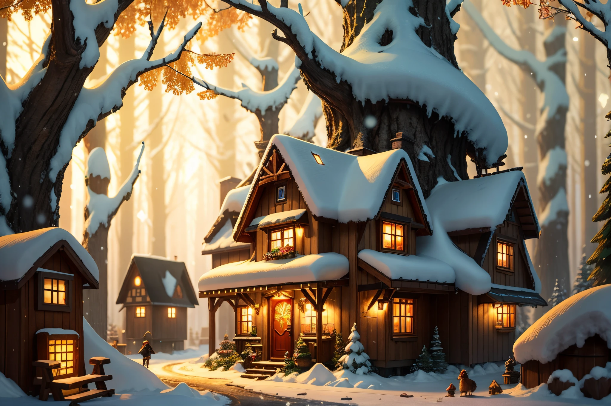 A magical forest, wintertime, tiny homes nestled among the trees, fairy village, fairies with translucent wings dart between the homes, the glow and aura of golden light, wintertime, snow on ground, detailed background, bokeh, raytracing, realistic textured skin, particle effects, depth of field