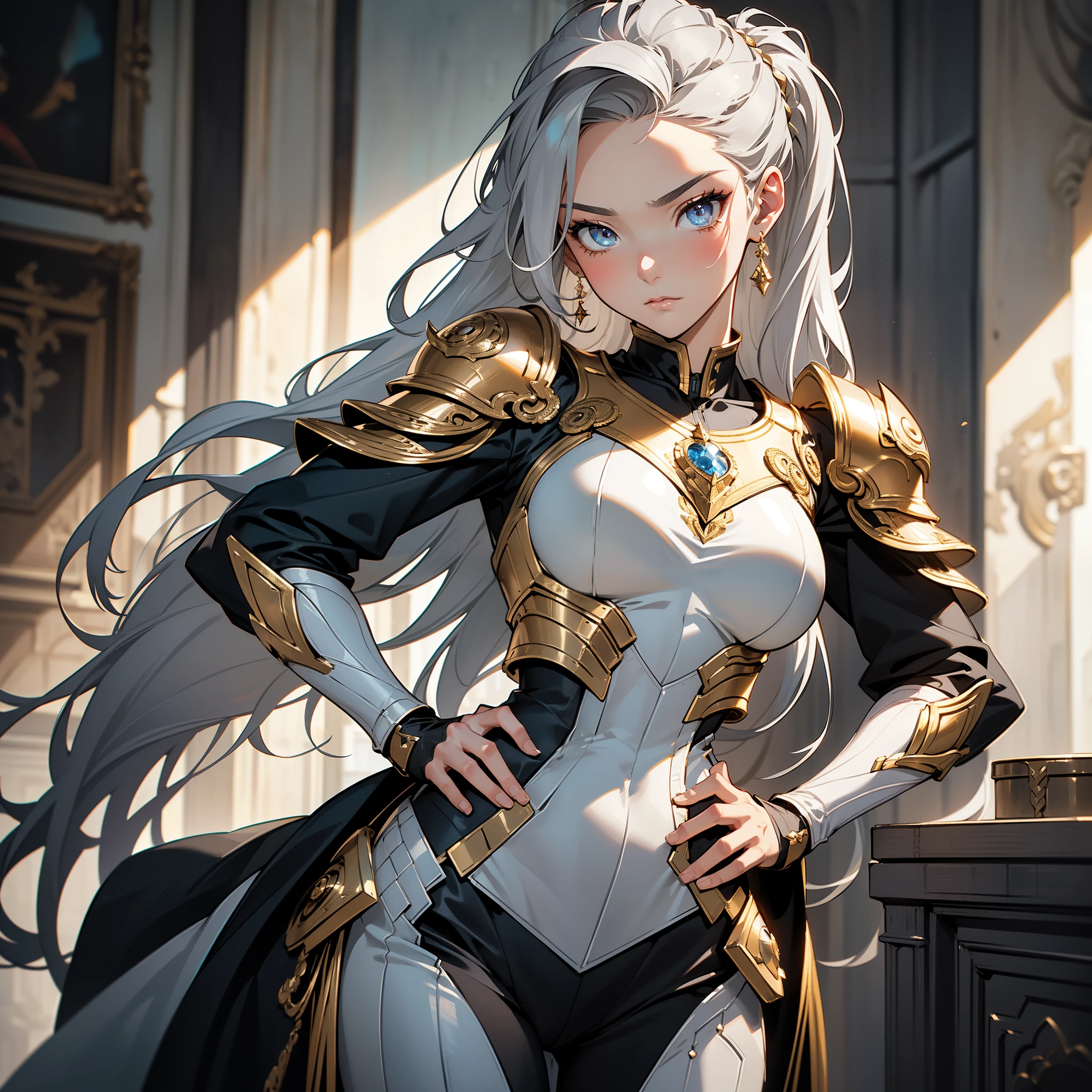 (masterpiece), (ultra-detailed), (masterpiece), (best-quality), (ultra-detailed), 1female, solo focused, silver-grey hair, long hair, hair slicked back, ((detailed eyes)), beautiful, fully body, stern expression, soldier, hand on hip, armored, golden armor, looking at viewer, head tilt